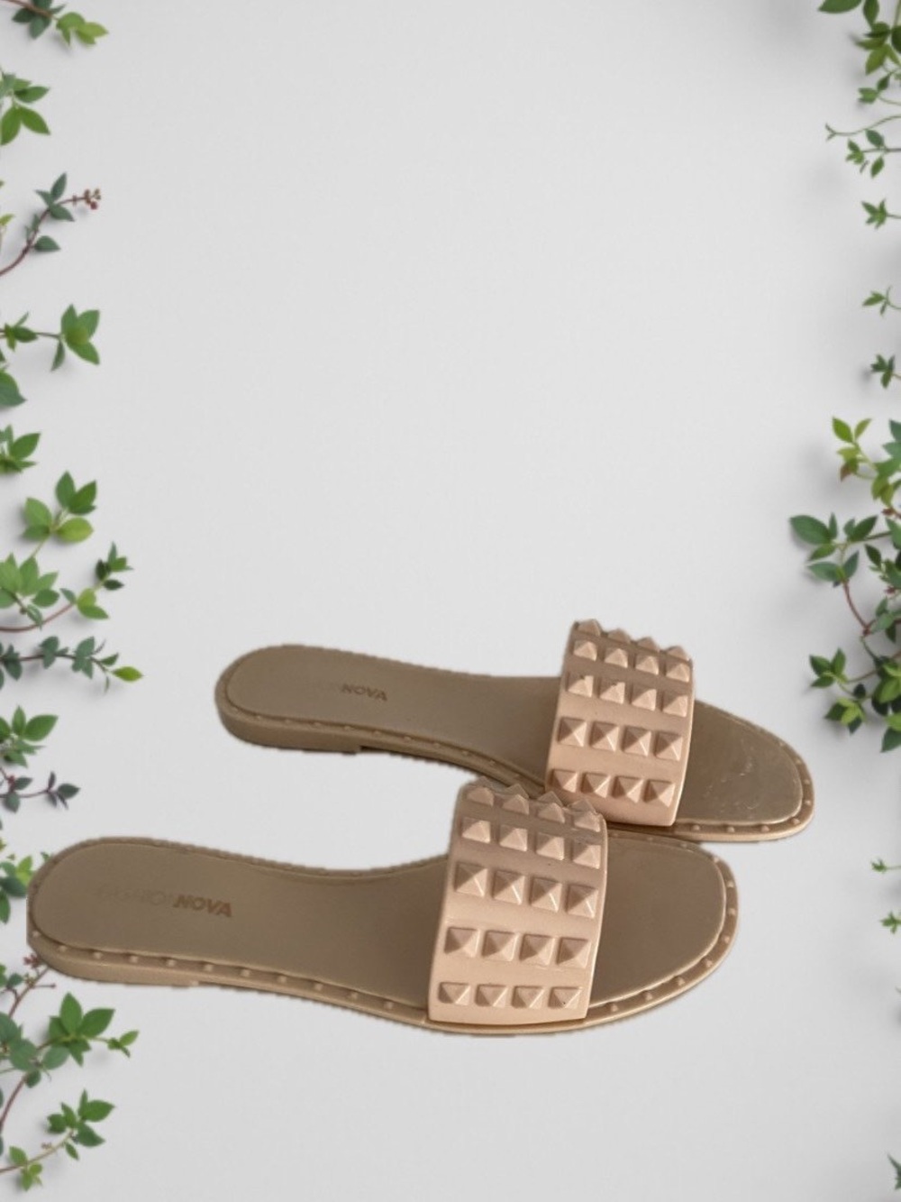 Fashion Nova Studded Tan Slide Sandals